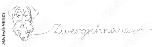 Miniature Schnauzer, Zwergschnauzer, companion dog, service dog one line art. Continuous line drawing of doggy, friendship, care, pet, animal, family, canine with inscription, lettering, handwritten.