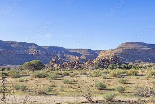 Panoramic picture of Damaraland in Namibia under a cloudy sky during the day