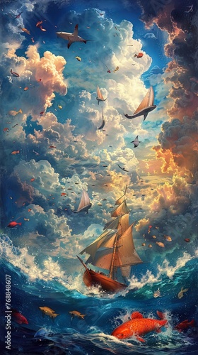 An ocean in the sky  with fish swimming among the clouds and boats sailing the celestial currents