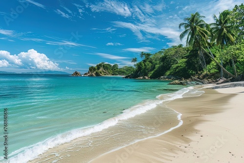 An untouched tropical beach with clear blue water, white sand, and lush palm trees, completely secluded