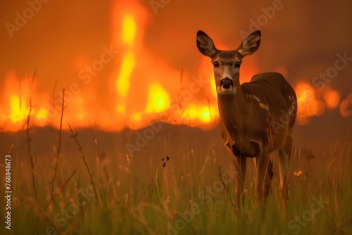 deer in meadow with orange glow of fire behind