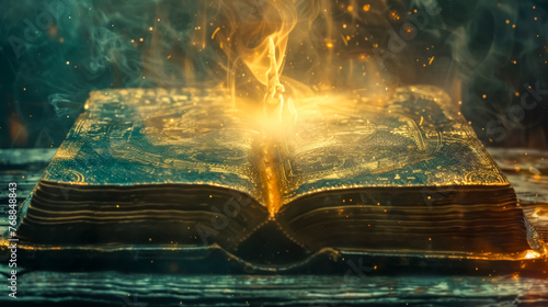 Enchanted book illuminated with mystical fire photo