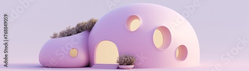 Inflated robotic modern house covered entirely with a long plum fluffy stratum in Paris