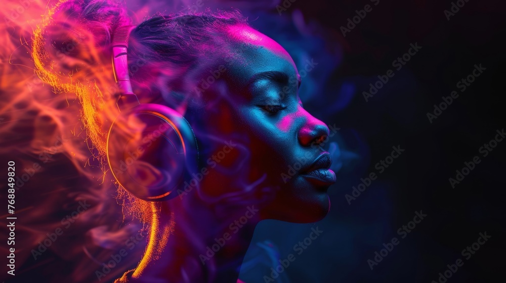 An African woman listens to music on headphones, immersed in colorful sound waves and digital light effects, creating a vibrant and dynamic experience against a dark backdrop.