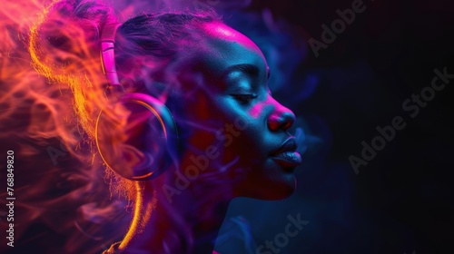 An African woman listens to music on headphones, immersed in colorful sound waves and digital light effects, creating a vibrant and dynamic experience against a dark backdrop.