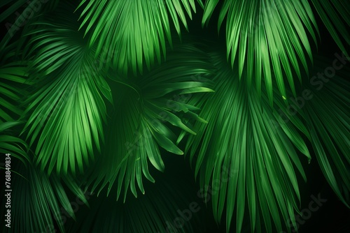 Close-up of lush green palm leaves in a tropical rainforest
