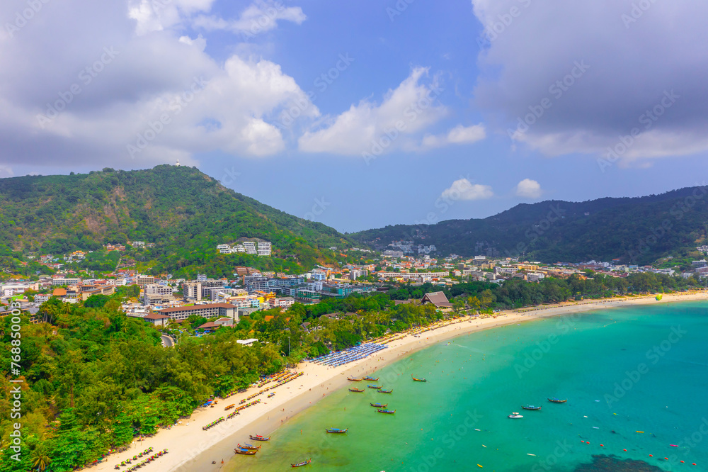 Panorama aerial bay Phuket boat beach sea jungle