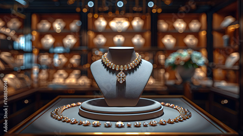 Opulent necklace and earrings set on a mannequin bust in a high-end jewelry store display, exuding sophistication and luxury