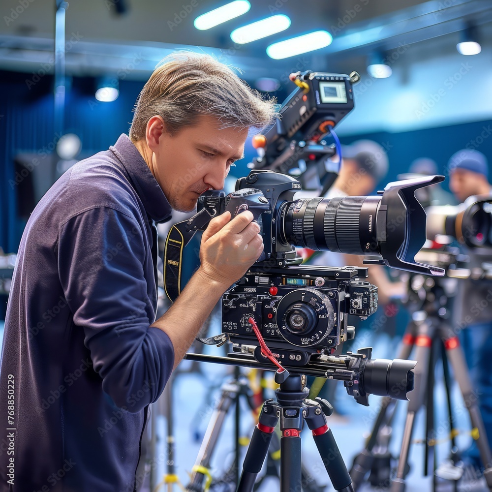 Professional videographer using camera on tripod