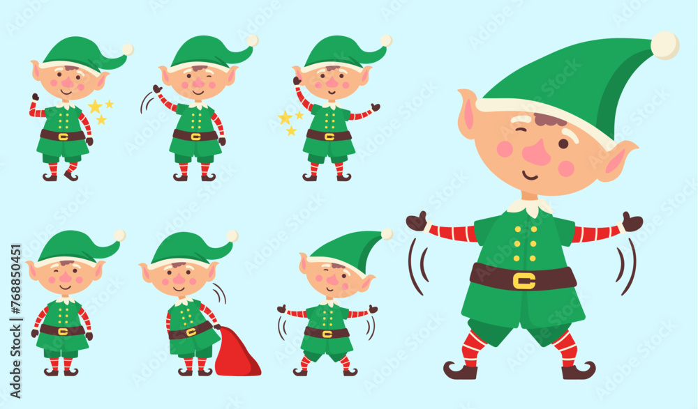 Collection of Christmas elves isolated on white background. Set of little Santa's helpers with holiday gifts and decorations. Set of adorable cartoon characters. Flat vector illustration.