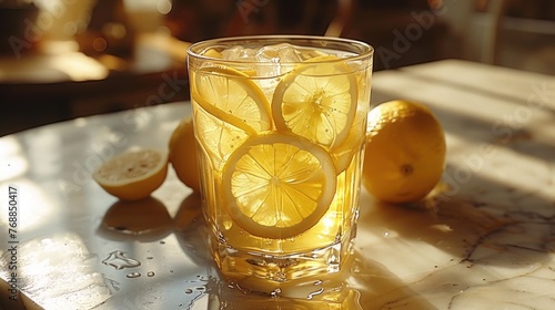 lemonade poured in a glass with lemon slices