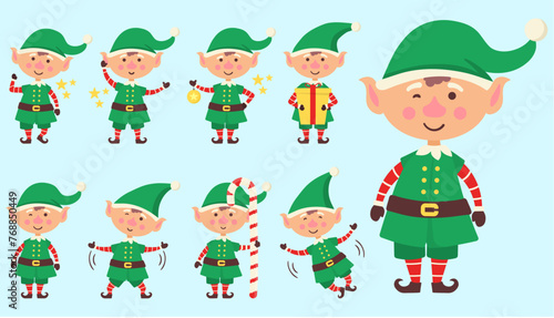 Collection of Christmas elves isolated on white background. Set of little Santa's helpers with holiday gifts and decorations. Set of adorable cartoon characters. Flat vector illustration.