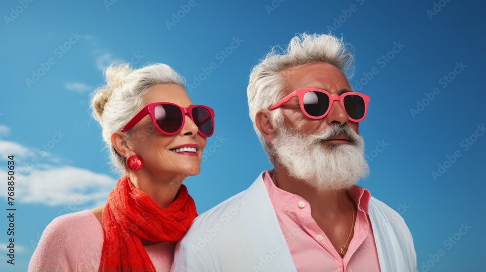 A happy elderly couple wearing pink sunglasses is smiling and looking away A happy elderly couple wearing pink sunglasses is smiling and looking away