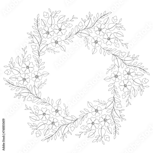 Monochrome frame with flowers and leaves. Delicate spring bouquet mandala. Floral circular ornament coloring page. Plant garland. Summer flowers wreath. Place for your text. Printable home decor.