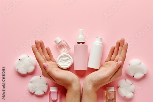 Woman's hands holding and presenting various skincare and cosmetic products against a pink background