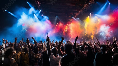Audience watching a live music concert with colorful stage lights and smoke in the background © Du