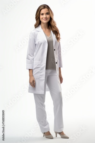 Caucasian female doctor in white lab coat and white pants