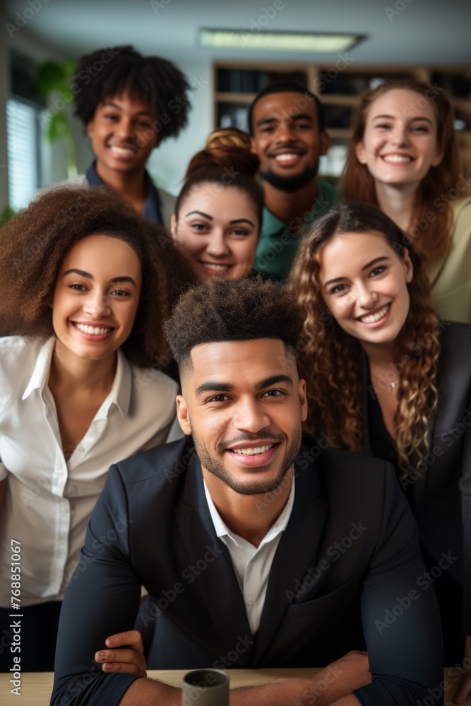 A group of seven people of different ethnicities smiling and posing for a photo A group of seven people of different ethnicities smiling and posing for a photo