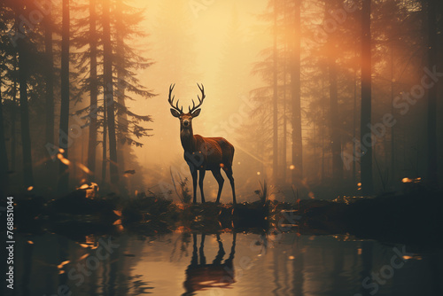 Generative AI of Double exposure of a deer with big antlers and forest.  