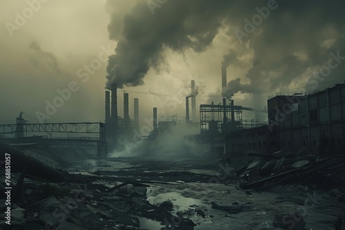 dystopian climate change landscape, smoke, industrial background, power plant
