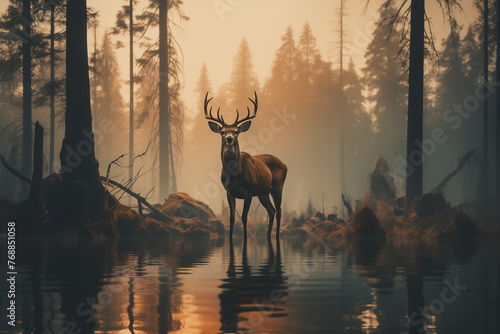 Generative AI of Double exposure of a deer with big antlers and forest. 