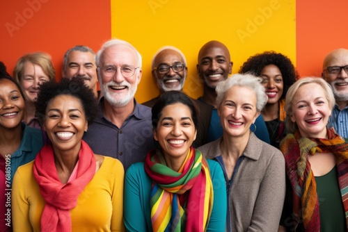 A group of diverse people of different ages smiling happily at the camera