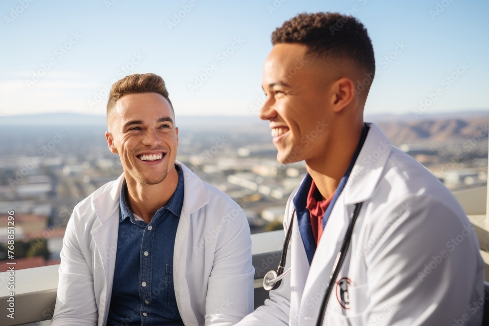 Two male doctors in white coats are talking and smiling on a rooftop