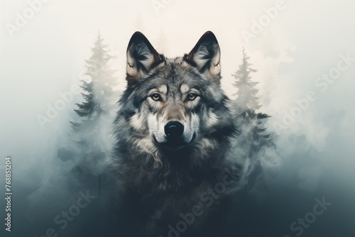 Generative AI of a portrait of a wolf and a foggy forest. Double exposure image.