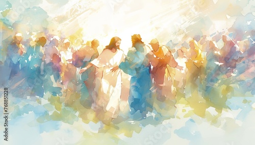 A watercolor painting, Jesus and his disciples in heaven dancing around each other with light beams shining down on them