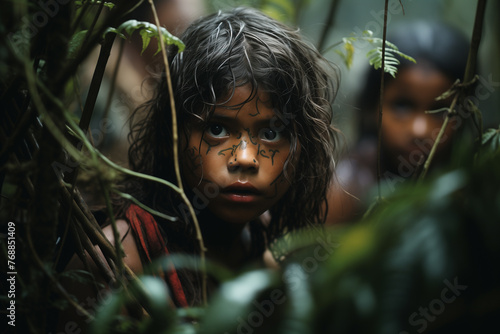 Generative Ai of indigenous children in the rainforest.  photo