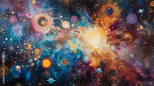 The artistic depiction of the psychedelic cosmos amazes with a multitude of flashing stars and galaxies, each of them embodies amazing shapes and bright color shades. photo