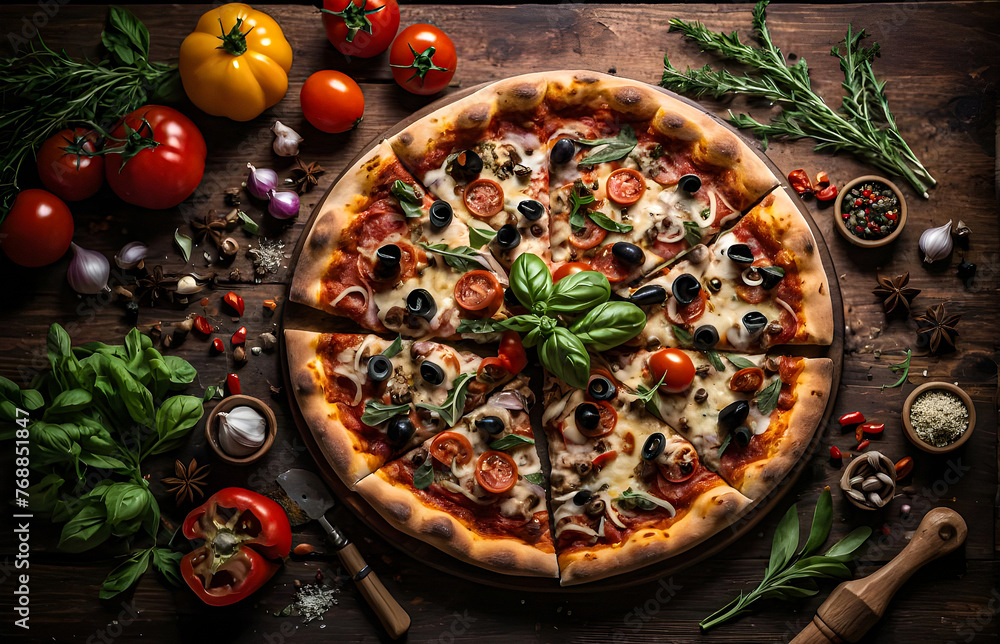 Take a top-down photograph of a whole pizza on a wooden table, surrounded by scattered herbs and spices.
