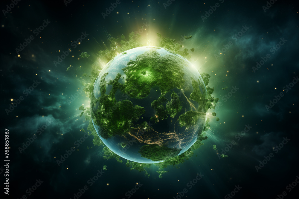 Obraz premium Illustration of a thriving planet Earth with a lot of greenery and foliage. Generative Ai.