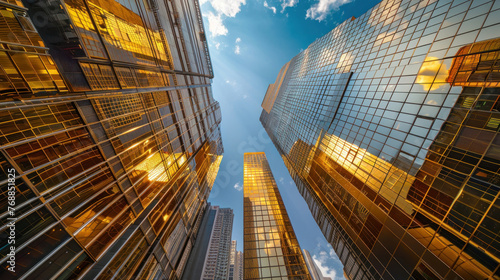 Modern tall office buildings made of golden glass in the business center of Hong Kong. Copy space. Blurred background