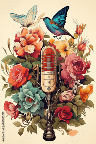 Generative AI of a bird singing into a retro microphone. Music festival or contest concept.	
