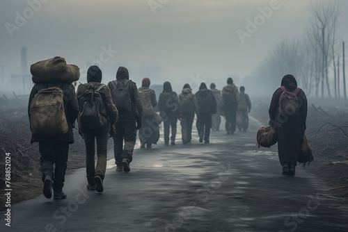 Generative Ai of refugees marching on foot carrying heavy bags. 