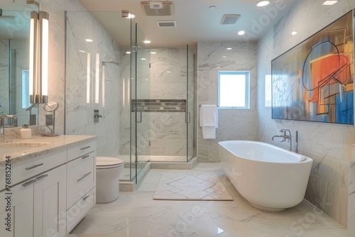 Modern bathroom with large soaking tub and glass shower enclosure