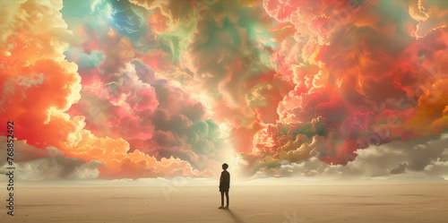 A person stands beneath a surreal, colorful sky, evoking awe and wonder photo