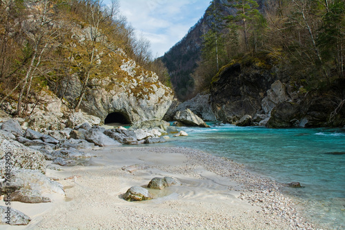 The Soca River near Kal-Koritnica in the Bovec municipality of the Primorska or Littoral region, north west Slovenia. This Alpine river flows from the Trenta Valley in the Julian Alps, entering Italy  photo