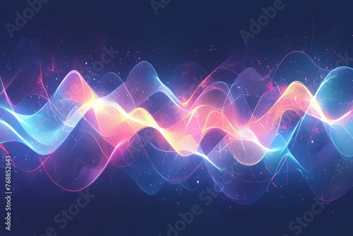 Abstract sound wave background with colorful audio spectrum lines and blurred waves on dark black background. 