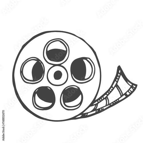 Vector illustration of a reel with film strip. Doodle. Isolated on white background.