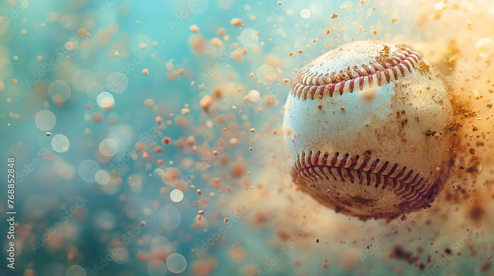 Closeup of a baseball surrounded by explosion of dirt and sands from the field on the air Closeup of a baseball surrounded by explosion of dirt and sands from the field on the air