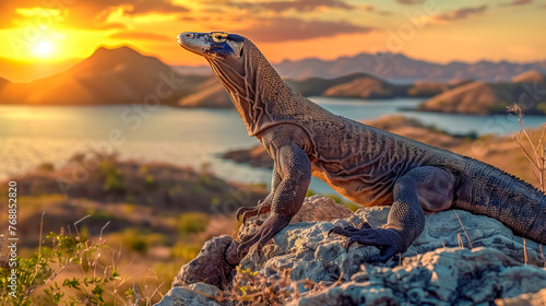 Majestic komodo dragon at sunset in natural habitat © edojob