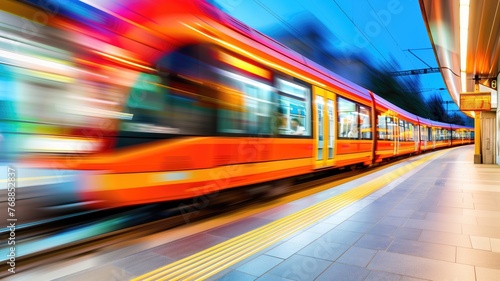 Motion blur of a high-speed orange train at a station