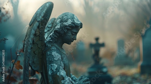 Image with background and place for caption and fragment of tragic sad angel statue at the cemetery. Funeral ceremony photo