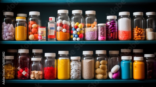 Colorful pills and capsules in glass jars on blue shelves photo