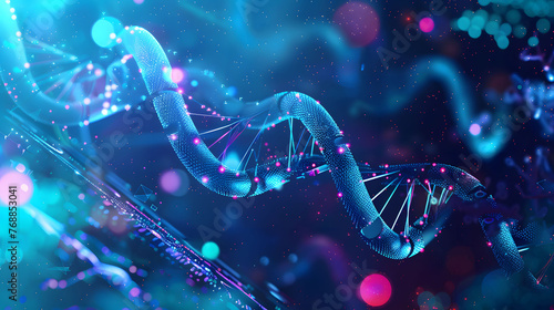 Genetic Luminescence and Vivid Depiction of DNA Strands in Cyberspace with neon blue and pink lighting against a backdrop digital.