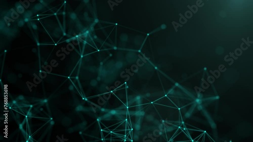 Abstract network connections, neural networks. Dots connected by lines move chaotically on a turquoise background. Chemical formula, futuristic mesh, sea green color. Neon green cyber web. photo