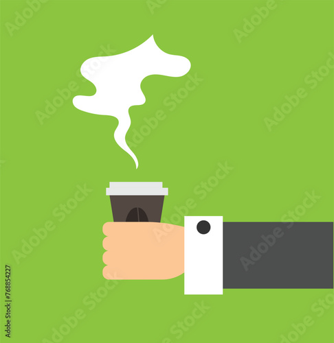 Hand of Businessman Holding a Cup of Coffee. Flat style vector illustration on topics of hot drinks and pause at work