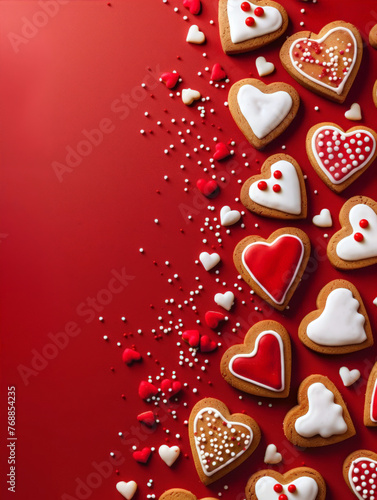 Gingerbread hearts decorated with icing sugar on a red background. Homemade cookies. Festive sweet food illustration for Valentine's Day, Mother's Day, women's Day. Top view, place for text.